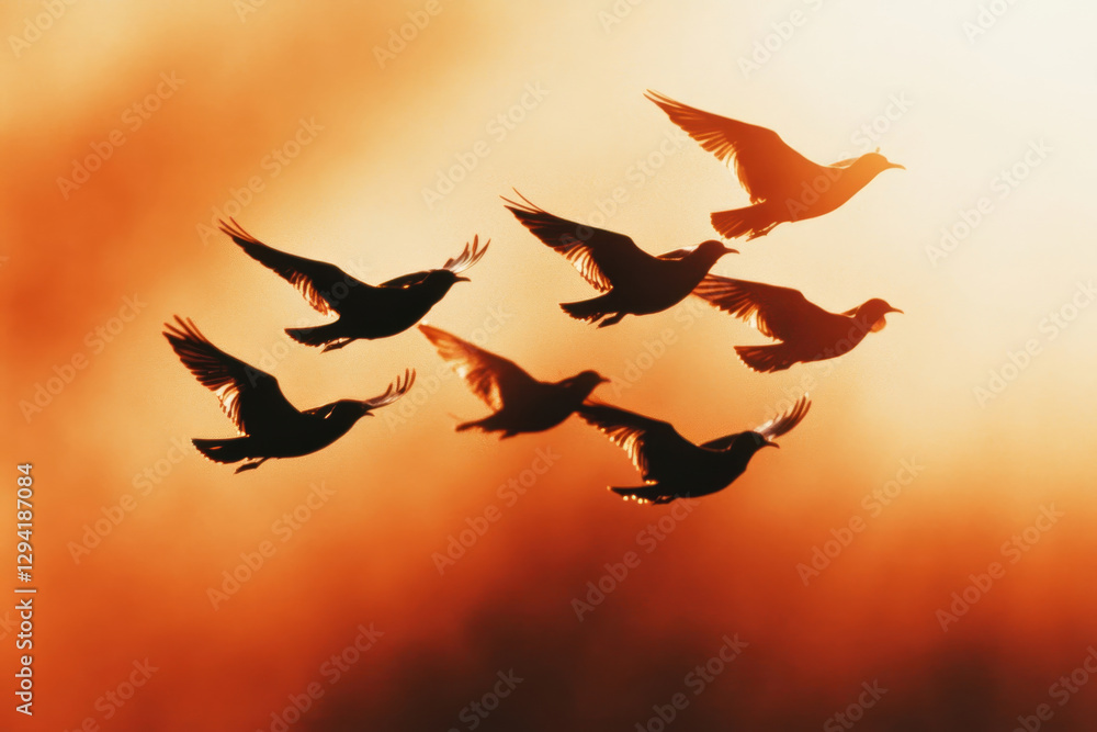 Fototapeta premium Silhouetted Flock of Birds in Flight Against Vibrant Sunset Sky
