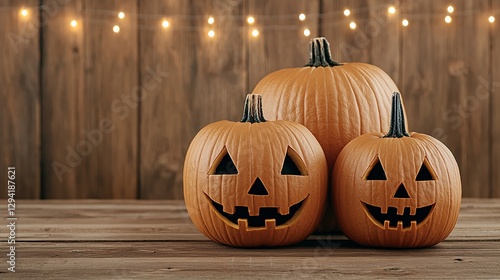 halloween pumpkin decorations with fairy lights for autumn festivities photo