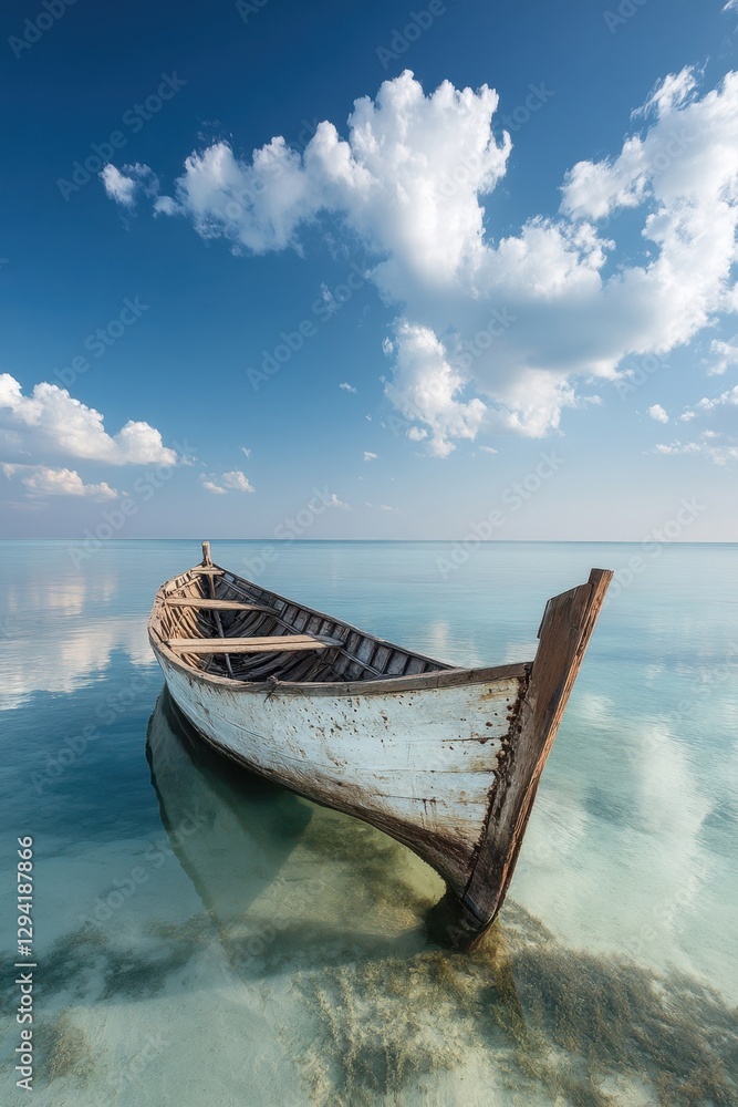 A traditional wooden fishing boat with sun-bleached and cracked surfaces, moored in calm waters A traditional wooden fishing boat with sun-bleached and cracked surfaces, moored in calm waters