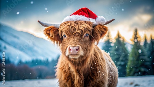 Minimalist Highland Calf in Santa Hat, Snowy Winter Scene