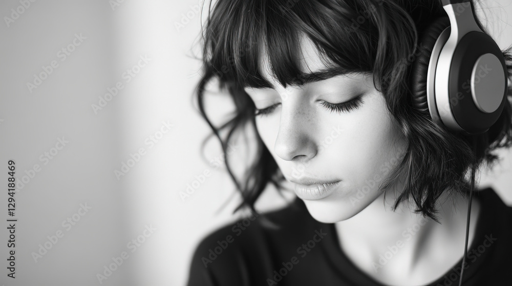 Young woman with headphones in monochrome, embodying modern simplicity and focus.
Young woman with headphones in monochrome, embodying modern simplicity and focus.