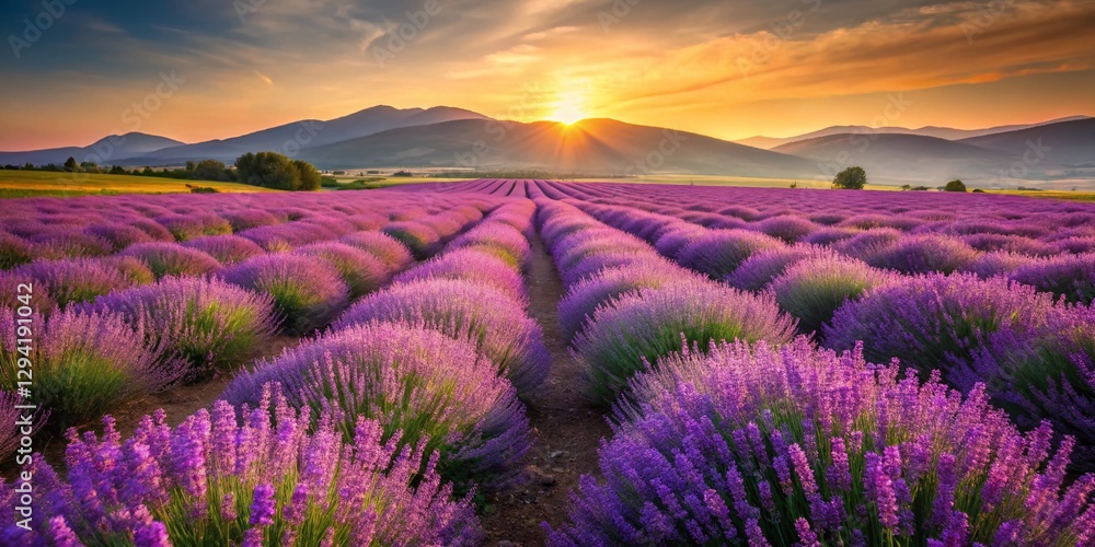 Obraz premium Minimalist Lavender Field, Rural Summer Serenity, Purple Flowers, Countryside Landscape