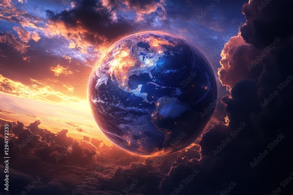 Stunning view of Earth from space with vibrant sunset lighting up clouds