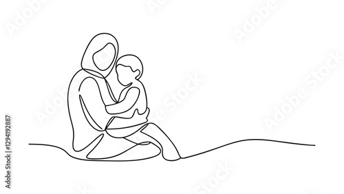 Mother Child Embrace Single Line Drawing, Love, Care, Affection, Bond