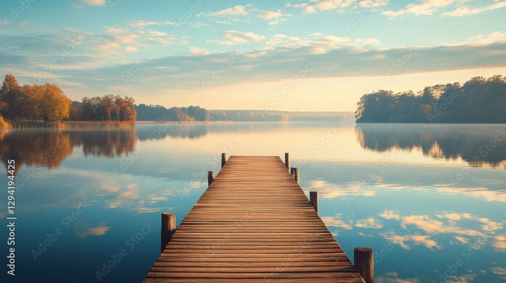 Fototapeta premium A wooden pier with sun-bleached planks extending into a tranquil lake, reflections on the water, peaceful scene