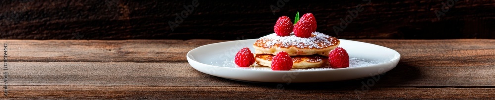 Fluffy pancakes with fresh raspberries and powdered sugar offer a delightful breakfast treat.