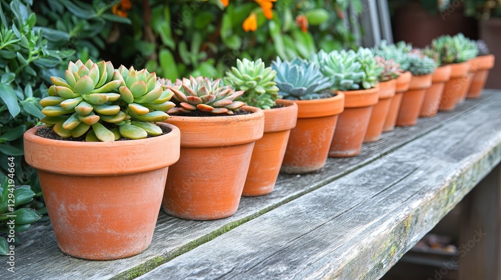 A clean row of terracotta planters with small succulents placed on a wooden bench. background A clean row of terracotta planters with small succulents placed on a wooden bench. background