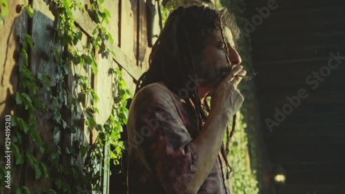 hippie Rastafarian Man smoking a cigarette  by a Lush Wooden Fence rastaman with dreadlocks smoking a marijuana joint outdoor sunset time