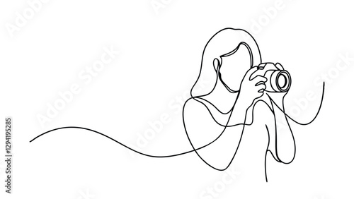 A minimalist line drawing depicts a woman holding a DSLR camera, capturing a moment. The singleline style creates a flowing, elegant image. The focus is on the act of photography.