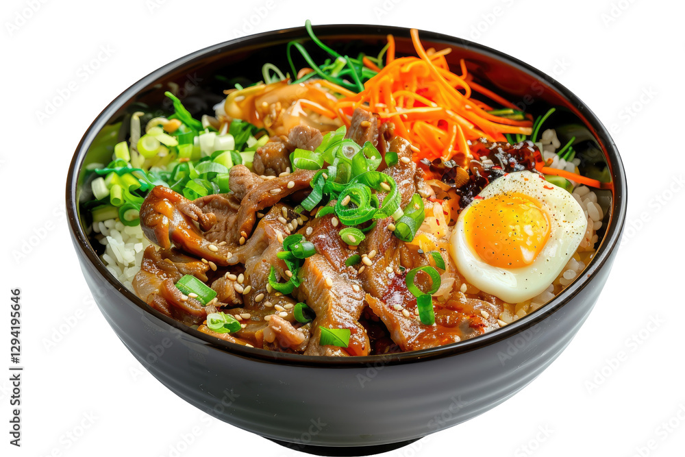 Japanese Gyudon Bowl With Beef, Egg, And Vegetables, Topped With Sesame Seeds. Delicious And Nutritious Asian Cuisine Japanese Gyudon Bowl With Beef, Egg, And Vegetables, Topped With Sesame Seeds. Delicious And Nutritious Asian Cuisine