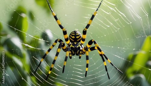 A striking black and yellow striped Argiope bruennichi, also known as the wasp spider.