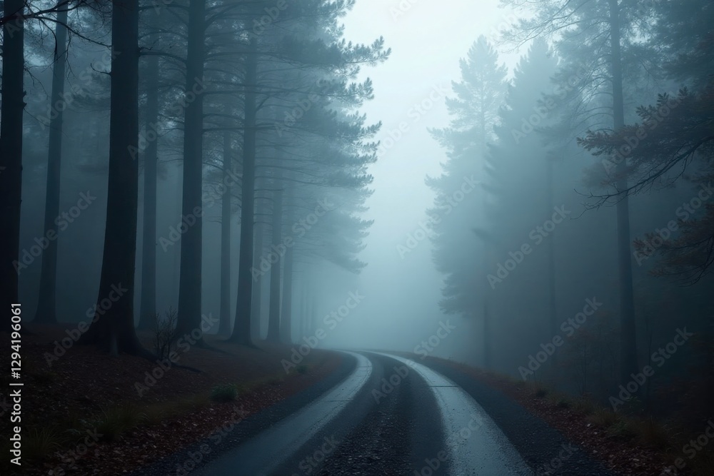 Fototapeta premium Mysterious Fog Envelops a Winding Forest Road, Leading to an Unknown Destination