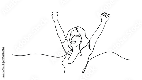 A singleline drawing depicts a woman with arms raised, expressing joy and triumph. Her open mouth and raised fists convey excitement and celebration of success.