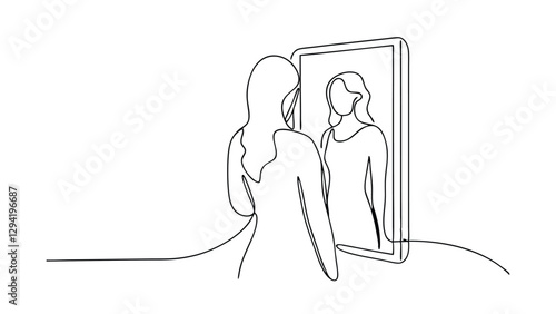 A singleline drawing depicts a woman looking at her reflection in a mirror. The minimalist style focuses on body image and selfperception. The artwork is simple yet thoughtprovoking.