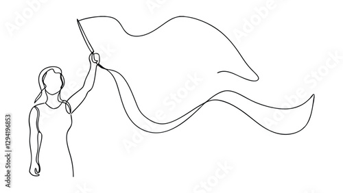 Singleline drawing of a woman holding a large, waving flag. Illustrates protest, freedom, or feminist ideals. Simple, elegant design.
