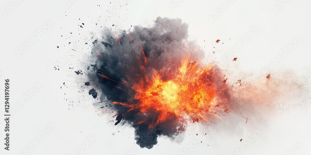 Bright explosion with vivid flames and smoky debris occurs in an open area during daylight Bright explosion with vivid flames and smoky debris occurs in an open area during daylight