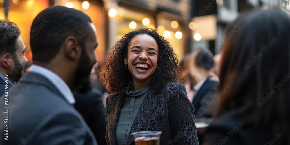 Business professionals laughing at a casual after-work gathering, modern city vibes, candid moments