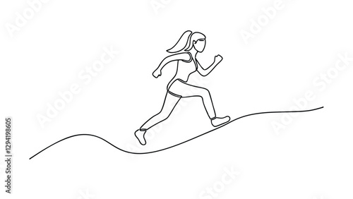 Continuous Line Drawing Woman Jogging Up Hill, Fitness, Exercise, Running