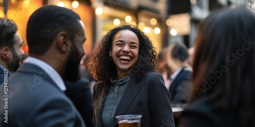 Obraz na płótnie Business professionals laughing at a casual after-work gathering, modern city vibes, candid moments w salonie