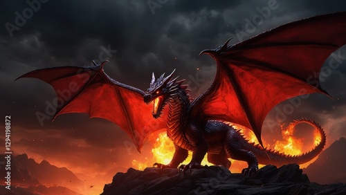 Majestic dragon roaring in flames fantasy realm digital art epic landscape dramatic viewpoint mythical concept