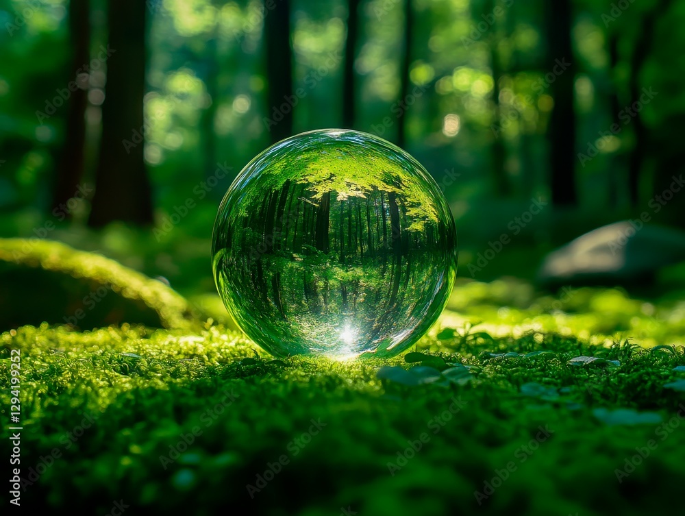 Enchanting forest scene captured within a crystal ball resting on vibrant green moss evokes tranquility and wonder. Enchanting forest scene captured within a crystal ball resting on vibrant green moss evokes tranquility and wonder.