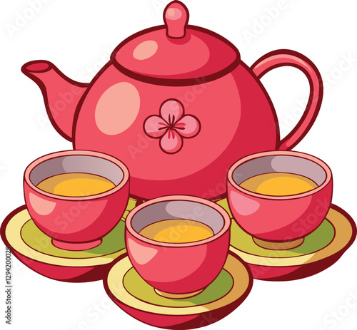  Chinese Tea set with small tea cup isolated on white background vector art illustration