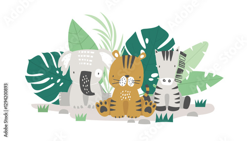 Photography Vector illustration of cute sitting elephant, tiger, zebra and tropical leaves