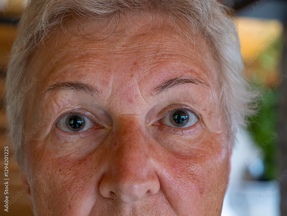 CLOSE UP, PORTRAIT: Elderly woman with enlarged pupils after visiting optometrist. Serious expression of senior lady after eye examination with visible effects in her eyes. Health care in older years CLOSE UP, PORTRAIT: Elderly woman with enlarged pupils after visiting optometrist. Serious expression of senior lady after eye examination with visible effects in her eyes. Health care in older years
