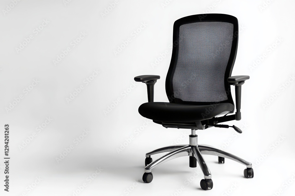 A modern ergonomic office chair with adjustable features, black mesh back, isolated on a pure white background A modern ergonomic office chair with adjustable features, black mesh back, isolated on a pure white background