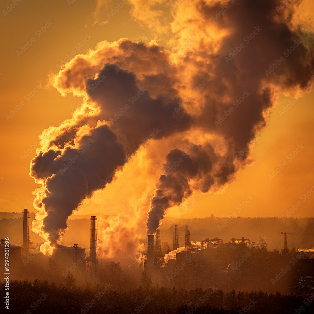 Obraz premium dramatic illustration of the air thick with PM2.5 dust over an industrial area, highlighting pollution sources