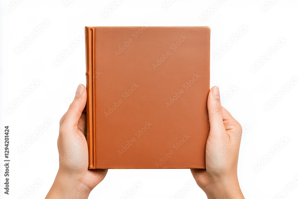 Obraz premium Hands Holding A Tan Leather Book Against White Background