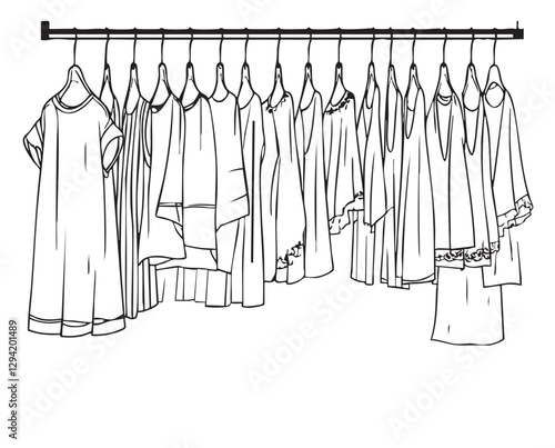Woman dress and other clothes on hangers, sketch