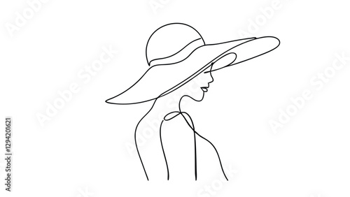 A minimalist line drawing depicts a woman in profile, wearing a largebrimmed sun hat. The singleline style creates a graceful and elegant image against a white backdrop. Simple yet sophisticated.