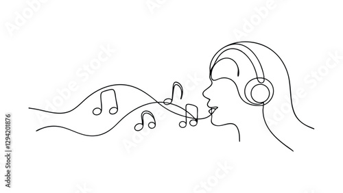 A singleline drawing depicts a woman wearing headphones, her face in profile, singing. Musical notes flow from her mouth, illustrating the song shes creating or hearing.