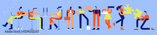 Flat vector illustration of people working together. Business men and women in collaboration. Group of colleagues for teamwork.