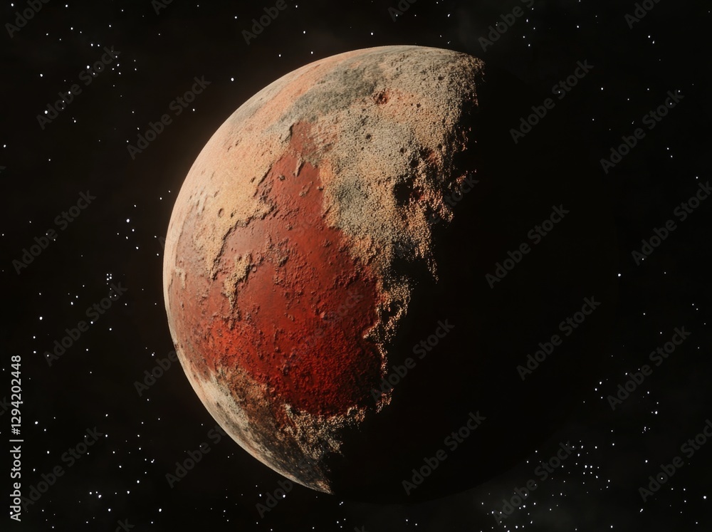 Naklejka premium Rusty Planet Orbiting in Starry Space