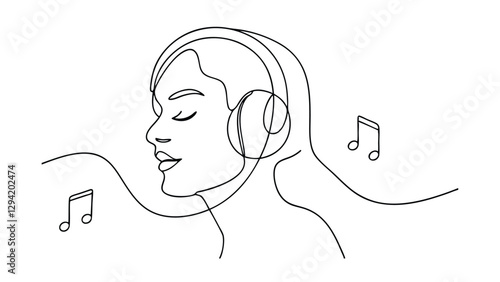 Oneline drawing of a serene woman wearing headphones, eyes closed, enjoying music. Musical notes float nearby, suggesting peaceful audio experience.
