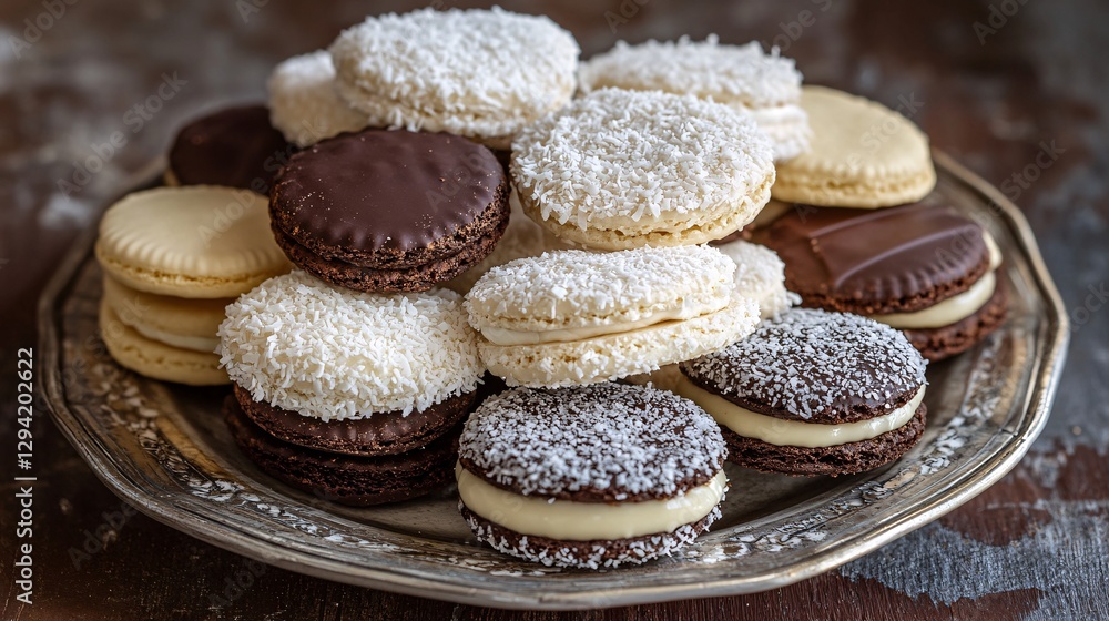 Assorted alfajores in different flavors--classic, chocolate-covered, and coconut-coated--beautifully arranged on a decorative plate Assorted alfajores in different flavors--classic, chocolate-covered, and coconut-coated--beautifully arranged on a decorative plate