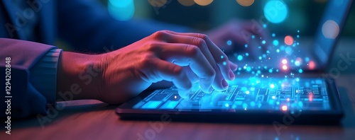 A futuristic hand working on a digital pad with glowing stock market data blue and purple neon glow high tech design.