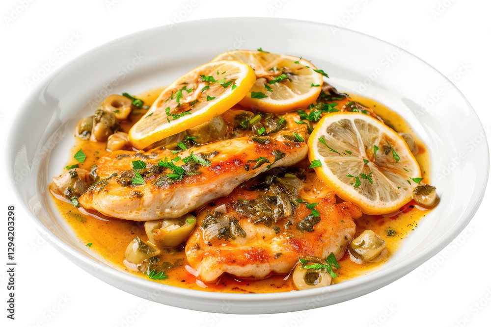 Chicken Piccata With Lemon And Olives, Served On White Plate. Delicious Italian Cuisine. Close-Up Shot. Chicken Piccata With Lemon And Olives, Served On White Plate. Delicious Italian Cuisine. Close-Up Shot.