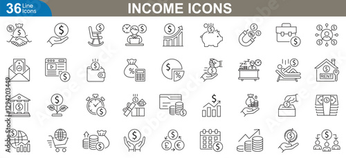 Income icons set. Vector illustrations representing various financial earnings, business revenue streams, passive income, investments, freelancing, salaries, affiliate earnings and more.