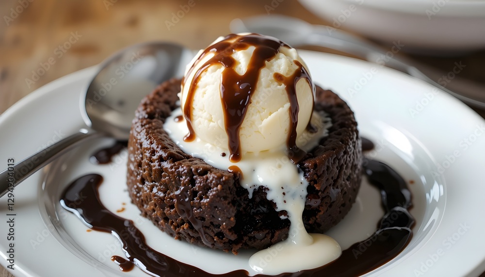 Small round chocolate lava cake with vanilla ice cream on top, drizzled in fudge sauce and melting into the center of its white plate Small round chocolate lava cake with vanilla ice cream on top, drizzled in fudge sauce and melting into the center of its white plate