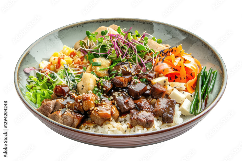 Teriyaki Donburi Bowl. Rice Topped With Meat, Vegetables And Tasty Teriyaki Sauce, A Healthy Asian Dish. Teriyaki Donburi Bowl. Rice Topped With Meat, Vegetables And Tasty Teriyaki Sauce, A Healthy Asian Dish.