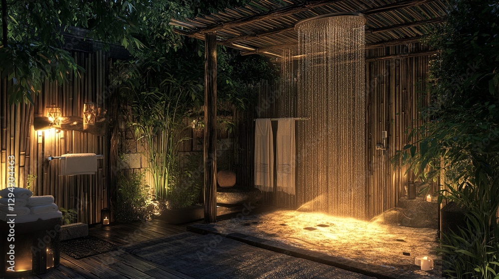 A clean photo of a rustic outdoor shower styled with bamboo and soft lighting. background A clean photo of a rustic outdoor shower styled with bamboo and soft lighting. background