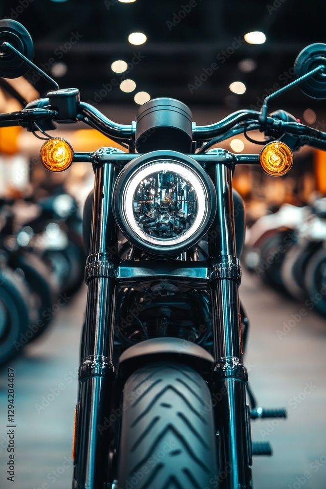 Fototapeta premium Sleek black motorcycle headlamp shining bright light.