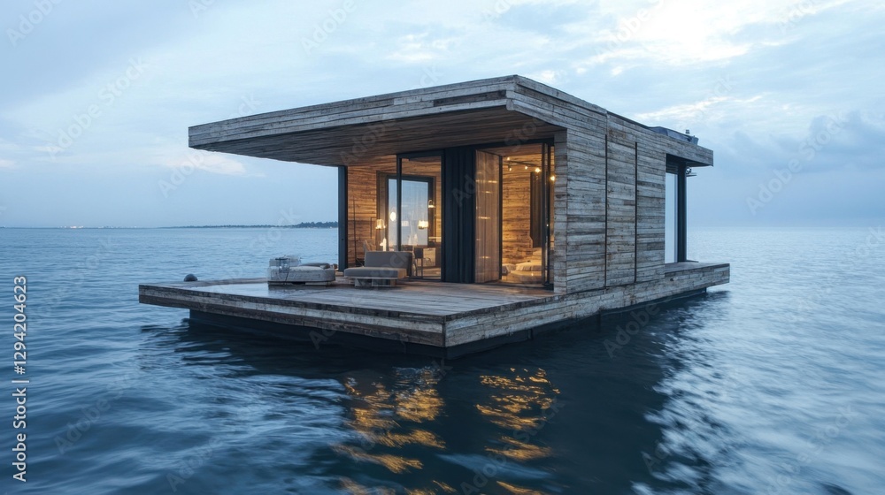 Saltwater-aged wood used in the construction of an eco-friendly floating house, sustainable design Saltwater-aged wood used in the construction of an eco-friendly floating house, sustainable design