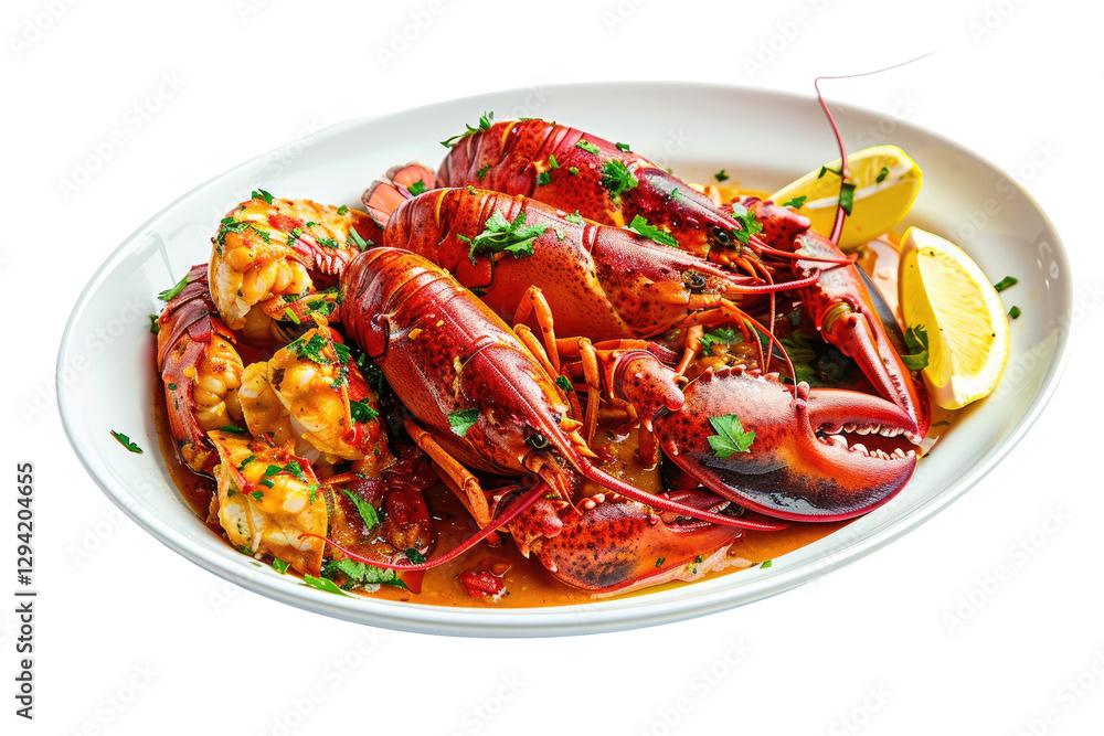 Lobster Dish With Lemon. Seafood Gourmet Delicacy On White Plate Lobster Dish With Lemon. Seafood Gourmet Delicacy On White Plate