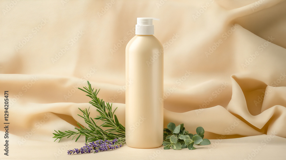 tall, blank plastic shampoo bottle surrounded by fresh herbs, creating serene and natural atmosphere tall, blank plastic shampoo bottle surrounded by fresh herbs, creating serene and natural atmosphere
