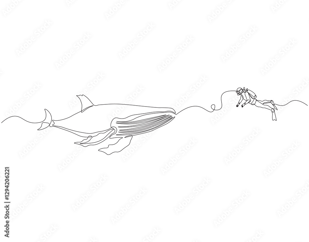 Continuous one line drawing of scuba diver diving with whale. One line drawing illustration of scuba diver swim with whale. Diving with marine animal concept single line. Editable outline Continuous one line drawing of scuba diver diving with whale. One line drawing illustration of scuba diver swim with whale. Diving with marine animal concept single line. Editable outline