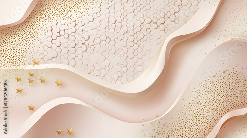 Background vector with hexagon shapes in a light peach color and golden lines
